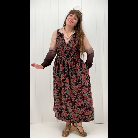 Vintage 90s Eddie Bauer Dark Floral Corduroy Midi Jumper Dress | Size S/M - Picture 3 of 10